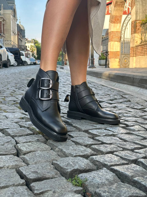 Short Boots Black Leather Genuine Leather Women&