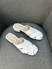 leather slide sandals, woven design, 4 cm heel, black sandals, pink sandals, white sandals, summer footwear, comfortable sandals