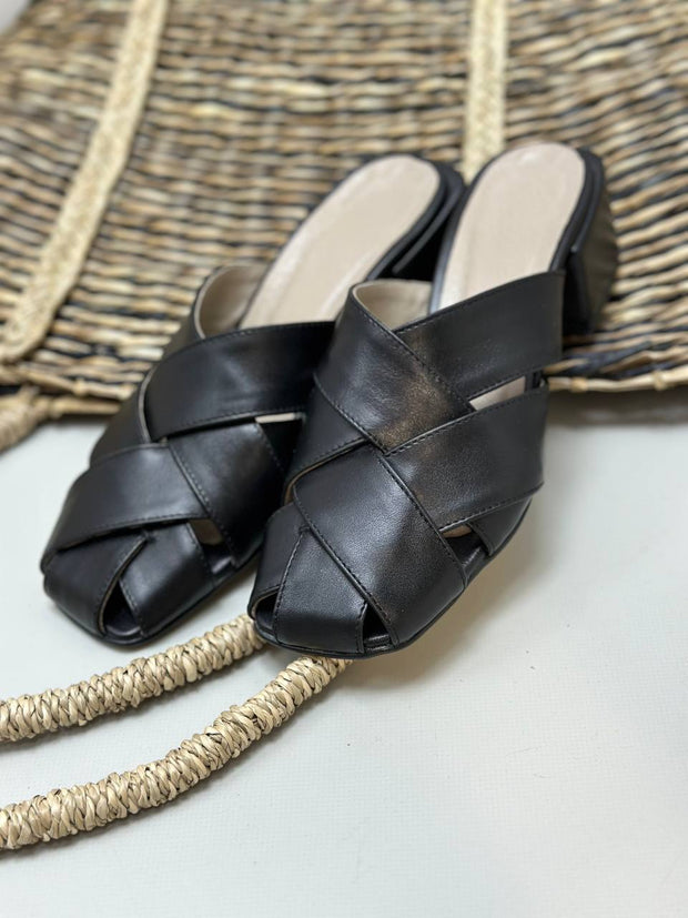  leather slide sandals, woven design, 4 cm heel, black sandals, pink sandals, white sandals, summer footwear, comfortable sandals